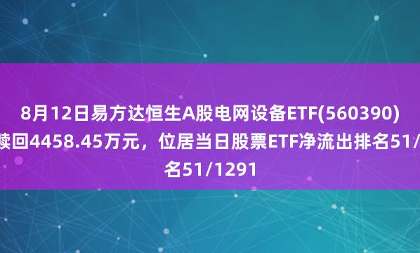 8月12日易方达恒生A股电网设备ETF(560390)遭净赎回4458.45万元，位居当日股票ETF净流出排名51/1291