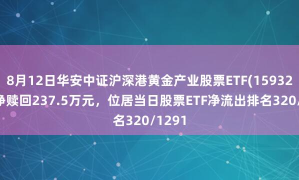 8月12日华安中证沪深港黄金产业股票ETF(159321)遭净赎回237.5万元，位居当日股票ETF净流出排名320/1291