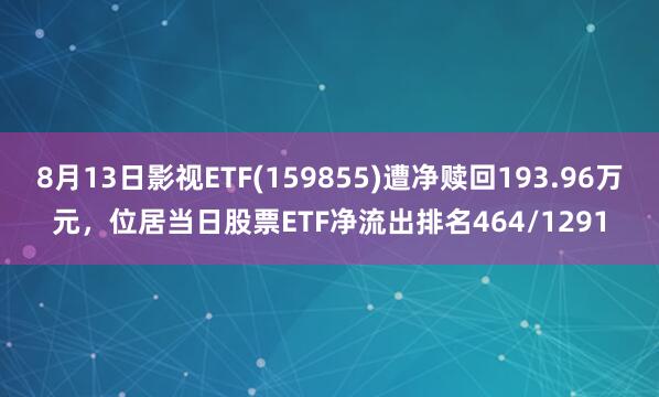 8月13日影视ETF(159855)遭净赎回193.96万元，位居当日股票ETF净流出排名464/1291